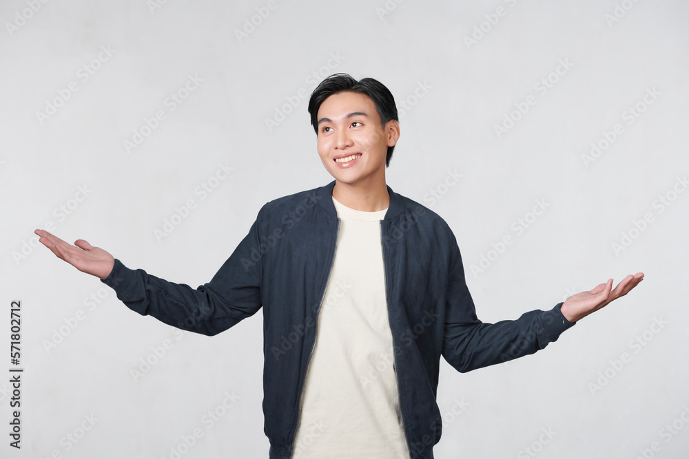 smiling man being happy, opening arms and welcoming on white background smiling man being happy, opening arms and welcoming on white background