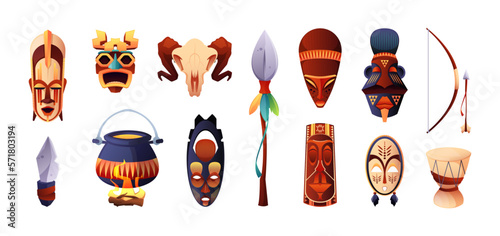 African ceremonial masks. Cartoon ancient ritual tribal symbols, traditional Africa zulu voodoo religion face shaped totem idols. Vector collection. Ethnic attributes, drum, bow and spear