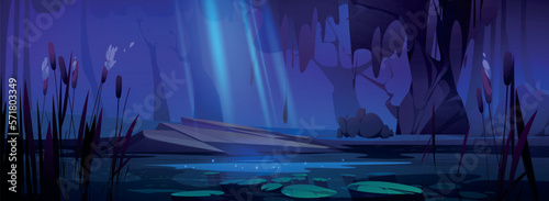 Cartoon pond with cattails at night. Vector illustration of fantasy landscape with moonlight shimmering on lake water surface, stones and ancient trees. Background for romantic date. Mysterious scene