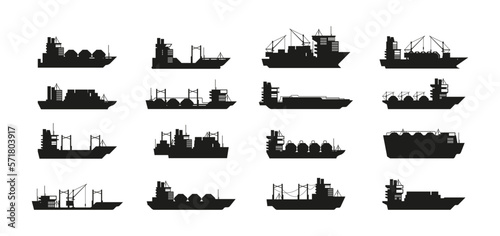 Black cargo ships. Commercial sea transportation vessels, tanker carrying heavy containers, shipping freighter boats silhouettes flat style. Vector set. Nautical transport, water logistics