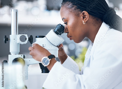 Valokuvatapetti Microscope, black woman and medical science in laboratory for research, analytics and medicine