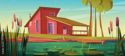 Cartoon wooden house near swamp with cattails. Vector illustration of natural landscape with green grass and trees, countryside cottage building in meadow, sunlight sparkling on water lake surface