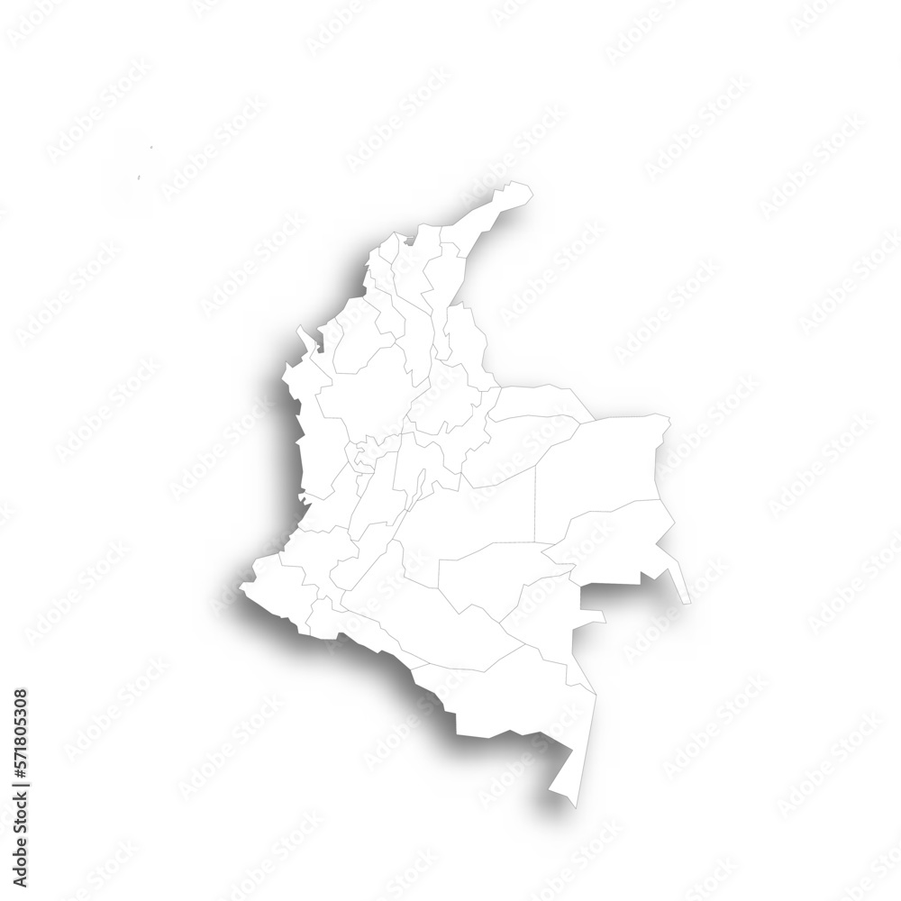 Colombia political map of administrative divisions - departments and capital district. Flat white blank map with thin black outline and dropped shadow.