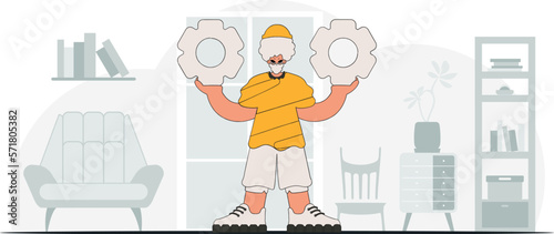 A handsome guy holds gears in his hands. Idea theme. Retro trendy style.