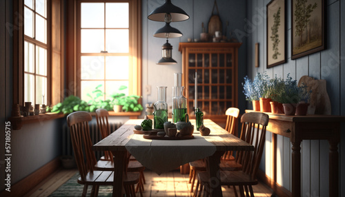 Wood dining room. Generative AI © Putrasatria