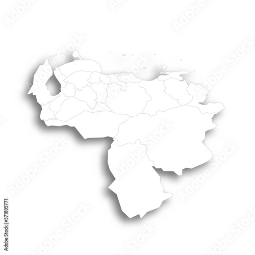 Venezuela political map of administrative divisions - states, capital district and federal dependencies. Flat white blank map with thin black outline and dropped shadow.