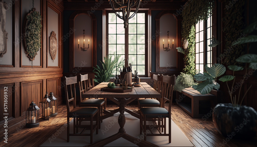 Wood dining room. Generative AI