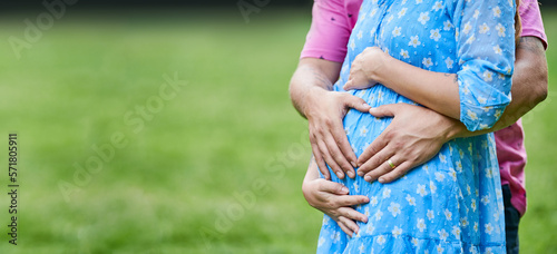 motherhood and pregnancy. hands on pregnant woman belly. Baby expectation