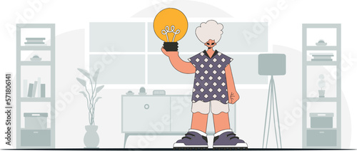 Gorgeous guy holds a light bulb in his hands. Idea theme. Retro trendy style.