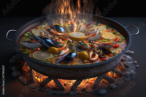Seafood paella Generative Ai photo