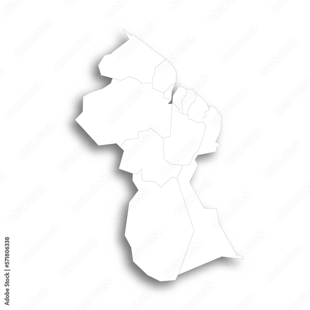 Guyana political map of administrative divisions - regions. Flat white blank map with thin black outline and dropped shadow. Guyana political map of administrative divisions - regions. Flat white blank map with thin black outline and dropped shadow.
