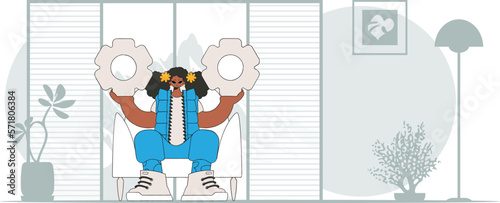 Gorgeous girl is holding gears. Idea theme. Retro trendy style.