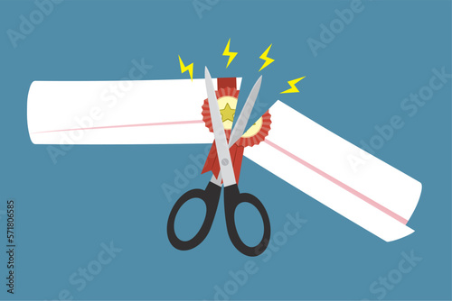 Big scissors cuts business contract. Refusal to cooperate. Cancellation of work contract or job offer. Cut paper. Breaking partnership. Expired agreement