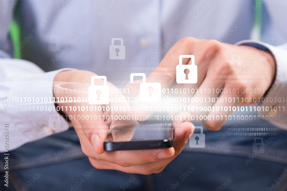 Cybersecurity concept, hand hold phone, padlock icon Cybersecurity concept, hand hold phone, padlock icon