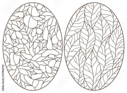 Set of outline illustrations of stained glass Windows with leaves of maple trees, dark outlines on light background