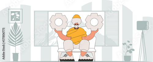 Presentable guy holding gears. Illustration on the theme of the appearance of an idea.