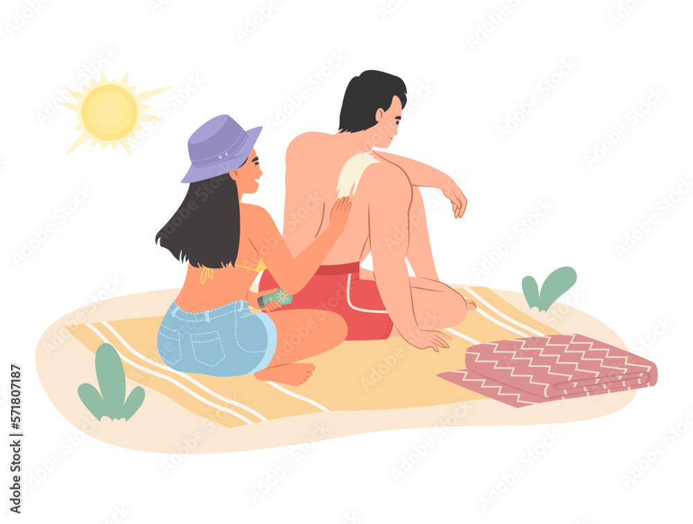 Couple applying sunscreen oil on beach flat vector