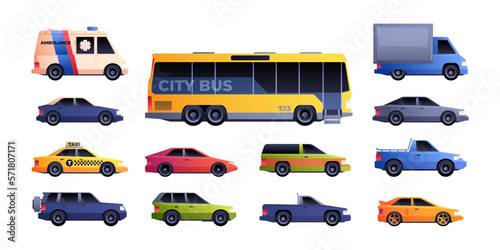 City transport set. Different models of cars, colorful urban vehicles taxi bus van emergency automobiles flat cartoon style. Vector isolated collection. Transportation for passengers, ambulance