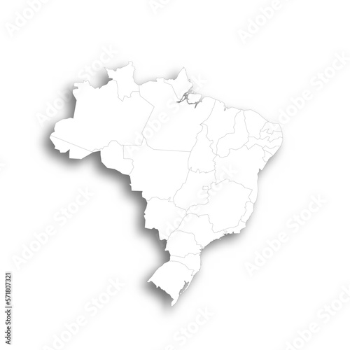 Brazil political map of administrative divisions - Federative units of Brazil. Flat white blank map with thin black outline and dropped shadow.
