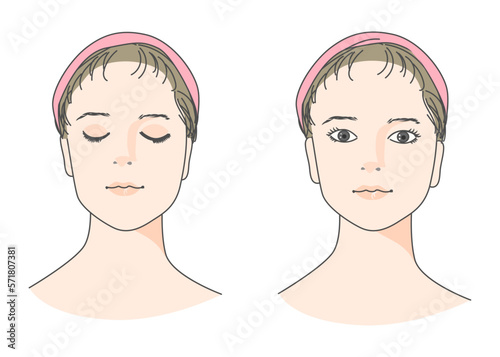ピンクのヘアバンドをつけた目を閉じた女性と目を開けた女性のイラストセット