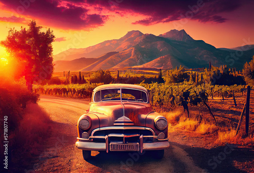 Vintage car on the countryside road at sunset created with AI © thejokercze