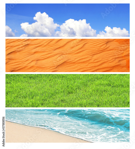 Collection of horizontal banners with nature elements - water; ground and air. Set of backdrops with sky, sand, water, grass
