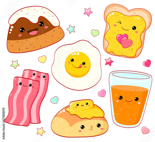 Breakfast time. Set of cute food icons in kawaii style for sweet design. Scrambled eggs, cupcake, orange juice, butter bun, honey sandwich, bacon