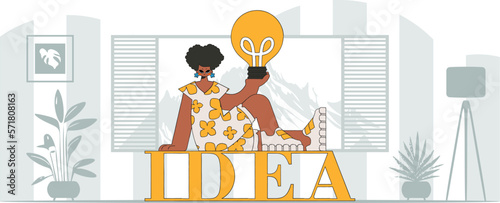 Refined girl holds a light bulb in her hands. Idea theme. Retro trendy style.