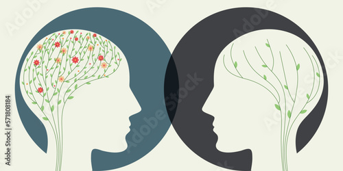 Two human head silhouette psychotherapy concept, floral design. Therapist and patient. Vector illustration for psychologist blog or social media, poster.