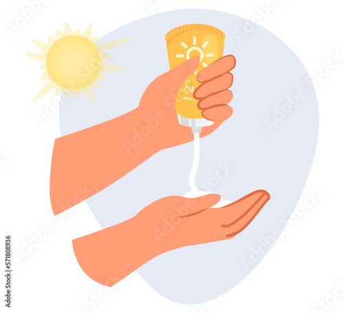 Hands squeeze sunscreen skin cream flat vector