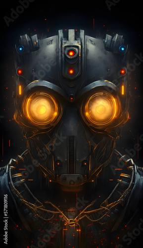 Robot face with orange glowing eyes. Robot portrait. Generative AI digital illustration