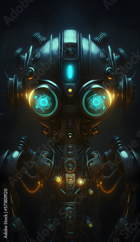 Robot with blue glowing eyes. Generative AI digital illustration