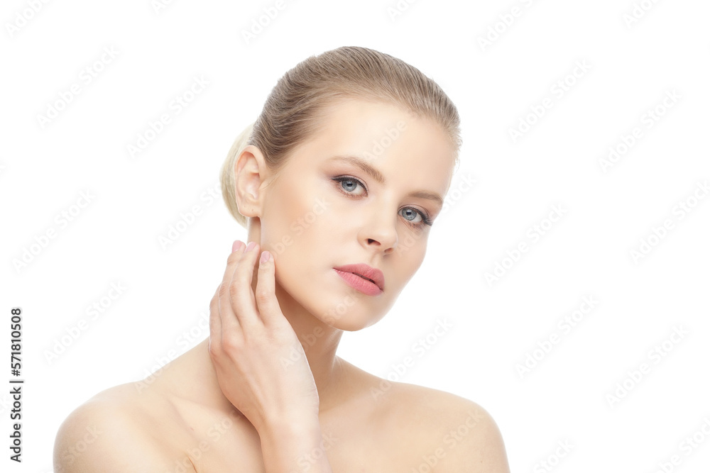 Close-up portrait of beautiful, fresh, healthy and sensual girl over white background