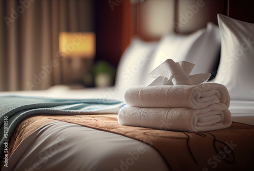 Fotografiet Fresh towels on bed in hotel room created with AI