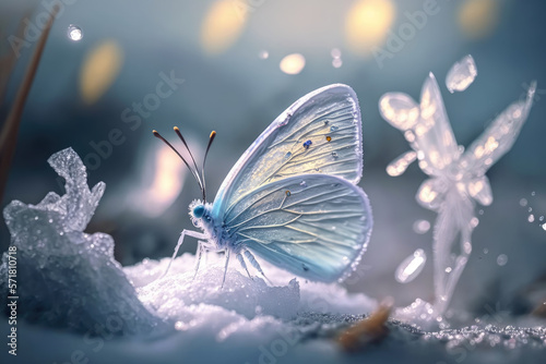 In ice and snow, A light blue ice butterfly falls in the snow, round the trees, Generative AI