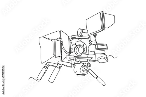 Continuous one line drawing camera for filming. Video shooting tools concept. Single line draw design vector graphic illustration.
