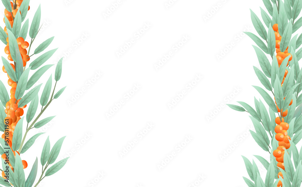 Naklejka premium Branches of a sea buckthorn tree with ripe fruits in the form of a frame on both sides. Garden plant with edible crop. Seamless composition. Branch with foliage and leaves. Isolated on white