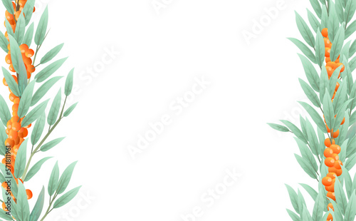 Branches of a sea buckthorn tree with ripe fruits in the form of a frame on both sides. Garden plant with edible crop. Seamless composition. Branch with foliage and leaves. Isolated on white