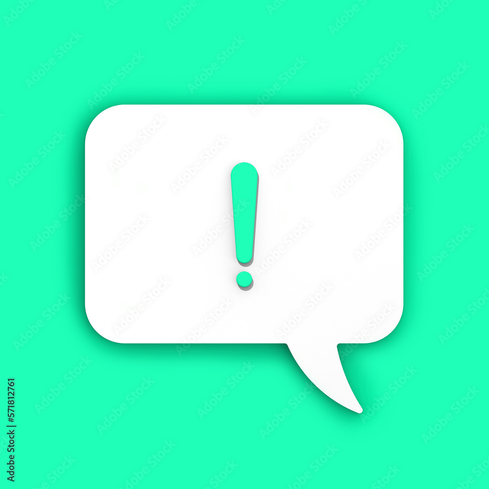 light green exclamation mark on a white message board. Alarm signal in the phone. Danger alert. Message on a light green background. Square image. 3D image. 3D rendering. light green exclamation mark on a white message board. Alarm signal in the phone. Danger alert. Message on a light green background. Square image. 3D image. 3D rendering.