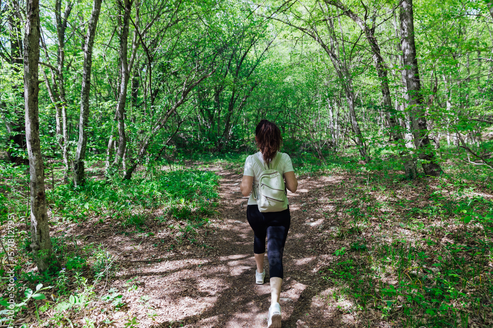 a woman with a backpack walks through the forest among the green trees hiking journey a woman with a backpack walks through the forest among the green trees hiking journey
