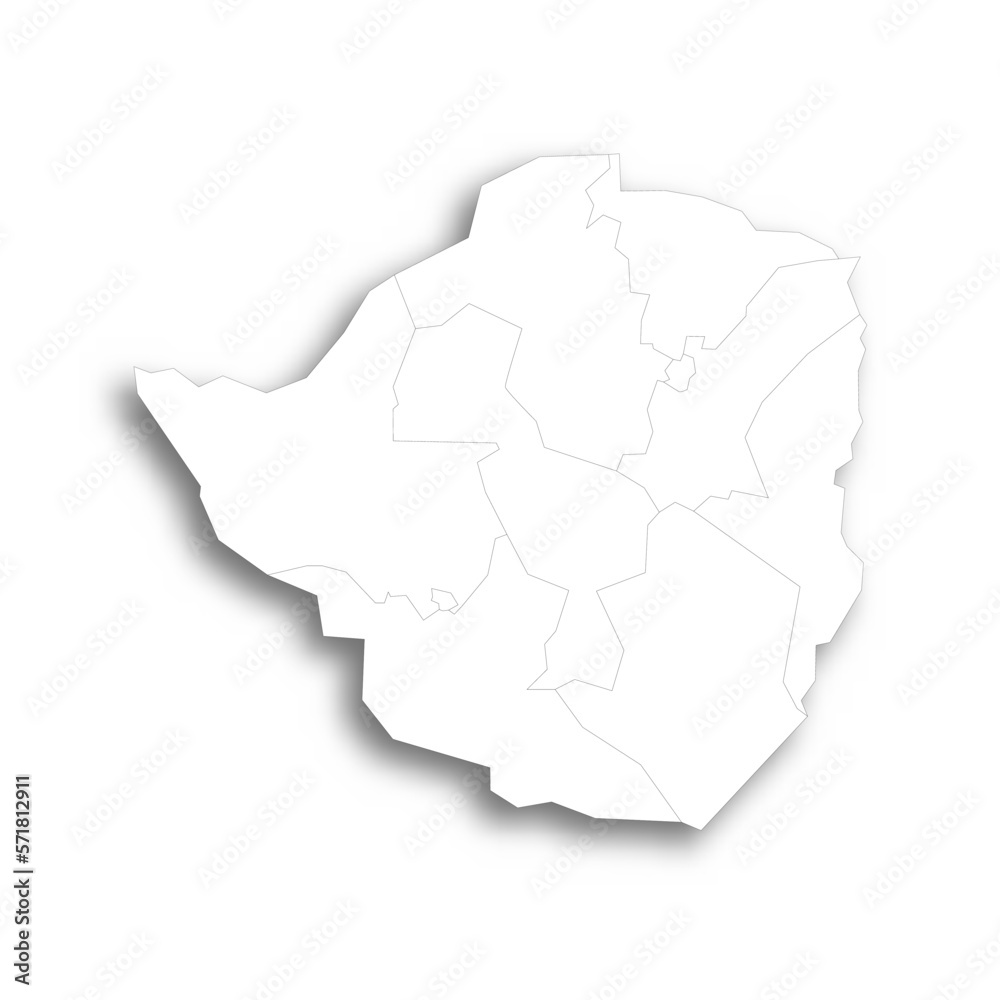 Fototapeta Zimbabwe political map of administrative divisions - provinces. Flat white blank map with thin black outline and dropped shadow.