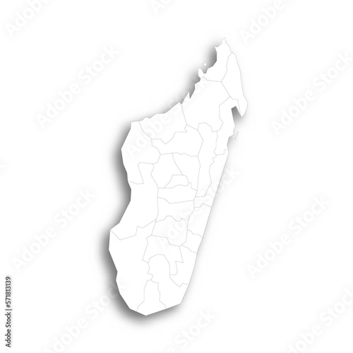 Madagascar political map of administrative divisions - regions. Flat white blank map with thin black outline and dropped shadow. photo