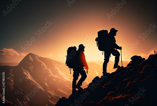 Two men climbing a mountain during sunset created with AI