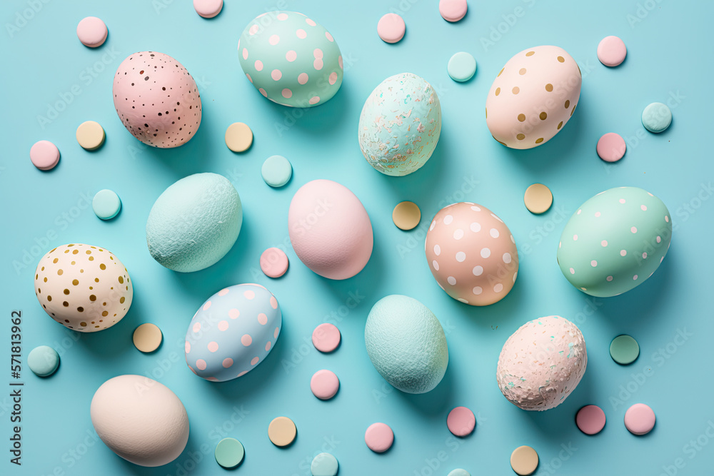 Pastel Easter eggs on blue background top view. Flat lay style, Generative AI