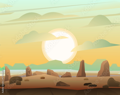 Sand empty view. Rocky landscape with stones. Cartoon fun style. Sunset or sunrise.Mountains in distance horizon. Flat design. Vector