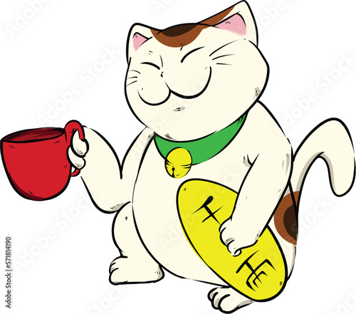 illustration of maneki neko drinking coffee
