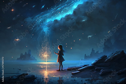 the little fairy in the distance holding a magic wand. Generative AI	