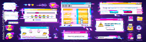 Retro computer digital interface with glitch effect. Desktop PC screen with windows, icons and message frames in retrowave style in neon colors, vector cartoon illustration