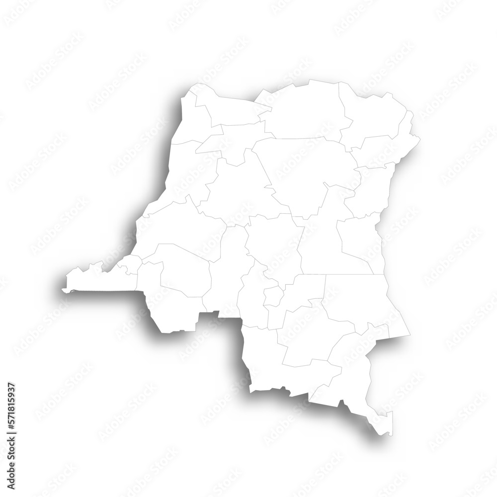 Democratic Republic of the Congo political map of administrative divisions - provinces. Flat white blank map with thin black outline and dropped shadow.
