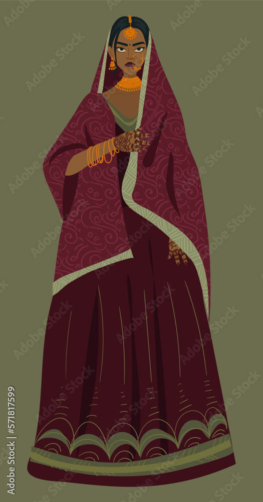 Illustration of a full-length Indian girl in a traditional dress on a green background. An emotional serious Indian woman in a festive costume. Wedding